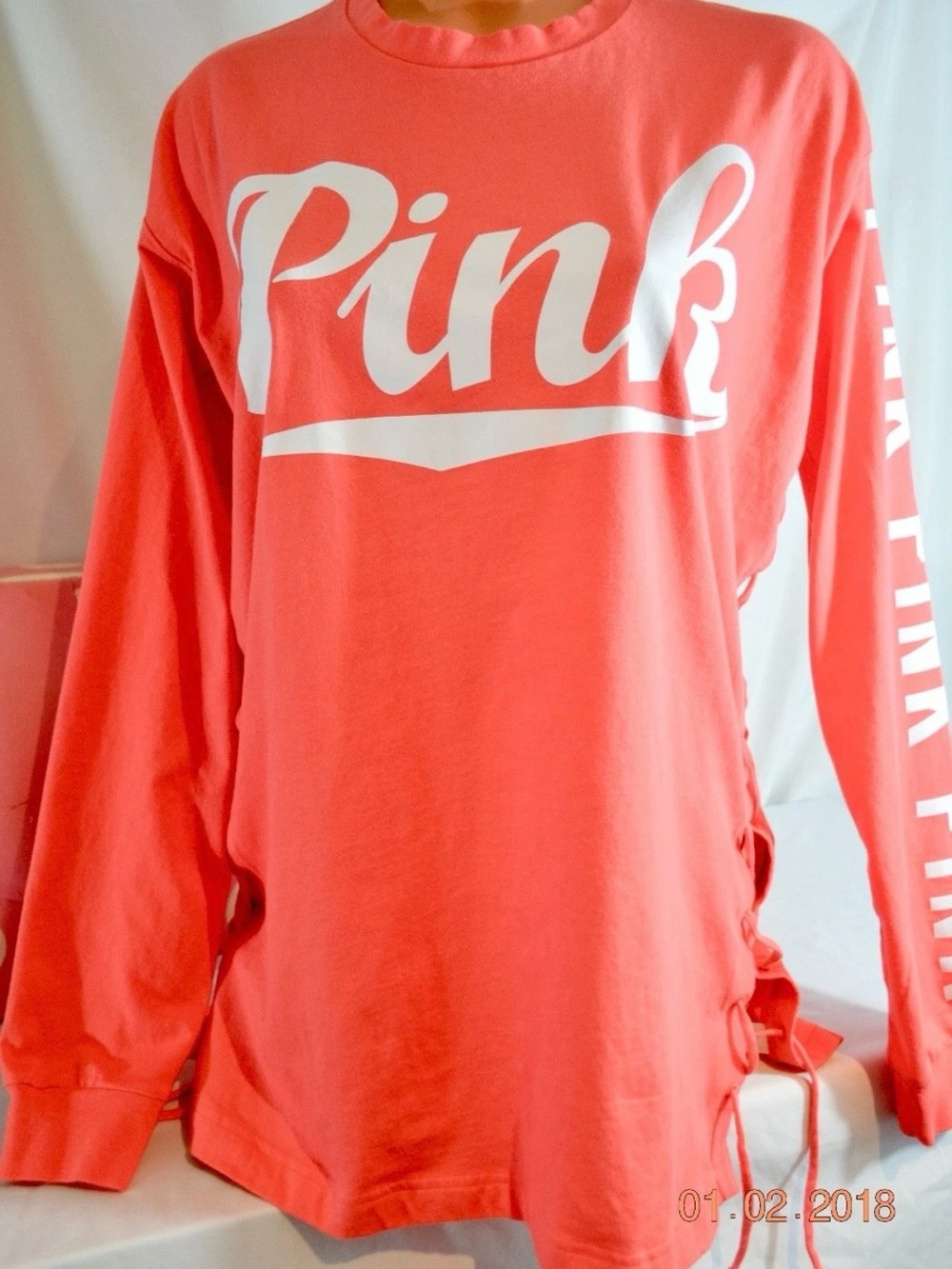 PINK Victoria's Secret Coral-Orange Long Sleeve Tee with White Logo